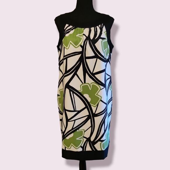 AGB Dress. Sleeveless White Mini Dress with Black & Green Pattern. Size 14 - Picture 1 of 9